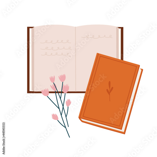 Vector illustration of the open book, flowers, and closed book, isolated on white. Hand-drawn set. Objects for learning, reading, school tools. Suitable for book shops, and publishing houses.