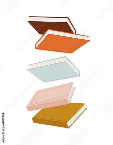 Vector illustration of a stack of books, flying in the air. Hand-drawn set, in flat style. The concept of objects for learning, reading, school tools. Suitable for book shops, and publishing houses.