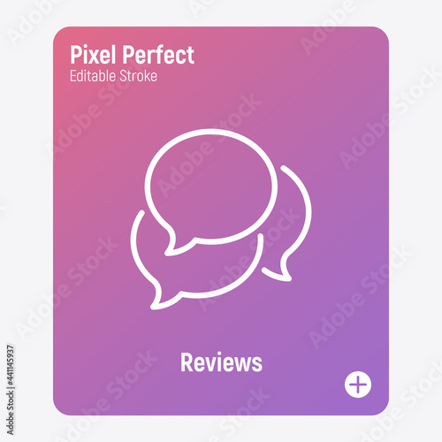 Feedback, reviews thin line icon. Three speech bubbles. Pixel perfect, editable stroke. Vector illustration.