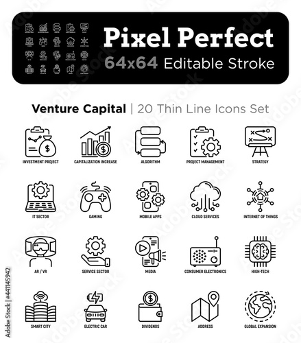 Venture capital thin line icons set. Investment project, capitalization increase, strategy, dividends, global expansion, high tech, it sector. Pixel perfect, editable stroke. Vector illustration.