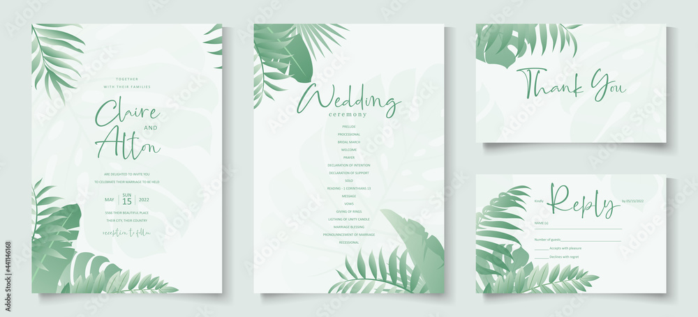 Wedding invitation design with tropical leaf theme