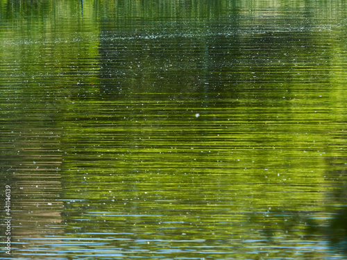 Abstract background made up of the reflection of trees  buildings and sky in Hampstead Ponds  broken up and fractured into striations by ripples.