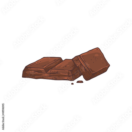 Several pieces of chocolate, hand drawn etched vector illustration isolated.