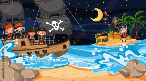 Treasure Island scene at night with Pirate kids on the ship