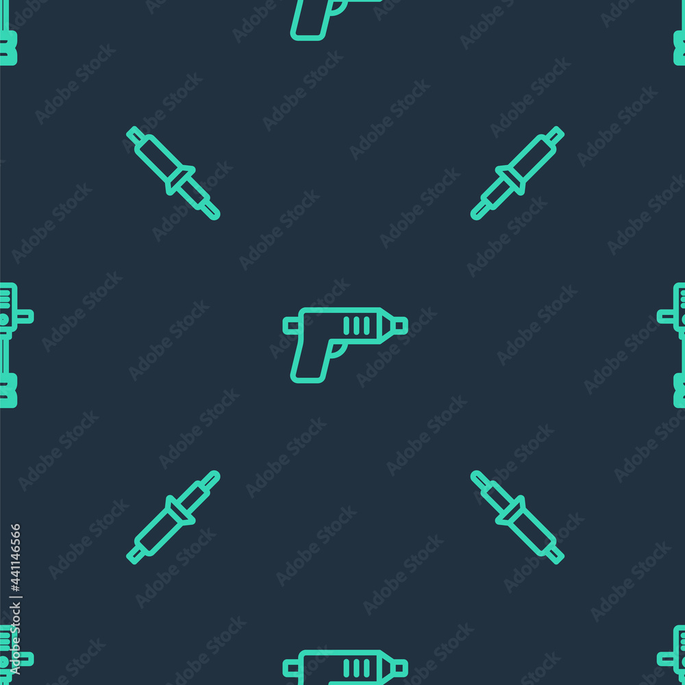 Set line Electric cordless screwdriver, Soldering iron and Electrical hand concrete mixer on seamless pattern. Vector