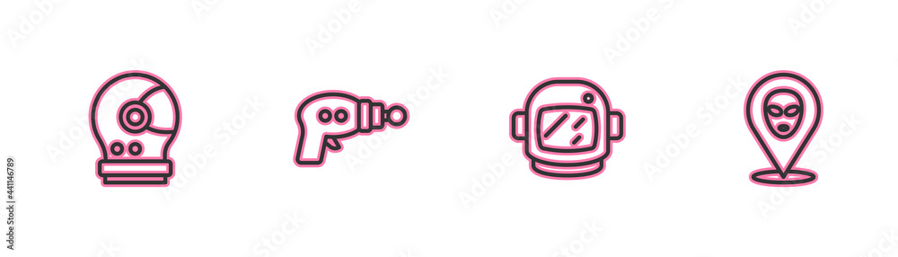 Set line Astronaut helmet, , Ray gun and Alien icon. Vector Set line Astronaut helmet, , Ray gun and Alien icon. Vector