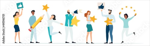 Customer feedback, testimonial, online survey concept. Group of people rating customer experience, writing review, leaving feedback. Client, user satisfaction. Isolated flat vector illustration photo