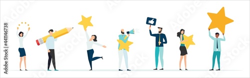 Customer feedback, testimonial, online survey concept. Group of people rating customer experience, writing review, leaving feedback. Client, user satisfaction. Isolated flat vector illustration