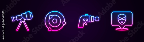 Set line Telescope, Solar system, Ray gun and Alien. Glowing neon icon. Vector
