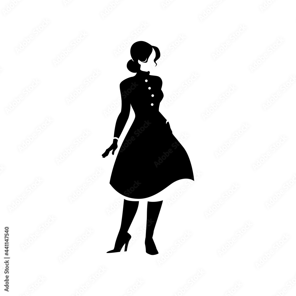 Beautiful young lady portrait isolated. Awesome model in stylish coat black hand drawn silhouette. Vector flat illustration. For emblem, tag, logo, banner etc. Beautiful young lady portrait isolated. Awesome model in stylish coat black hand drawn silhouette. Vector flat illustration. For emblem, tag, logo, banner etc.