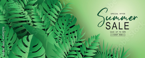 Editable summer sale banner with tropical leaf theme