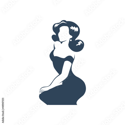 Beautiful young lady portrait isolated. Awesome model in stylish dress black hand drawn silhouette. Vector flat illustration. For emblem, tag, logo, banner etc.