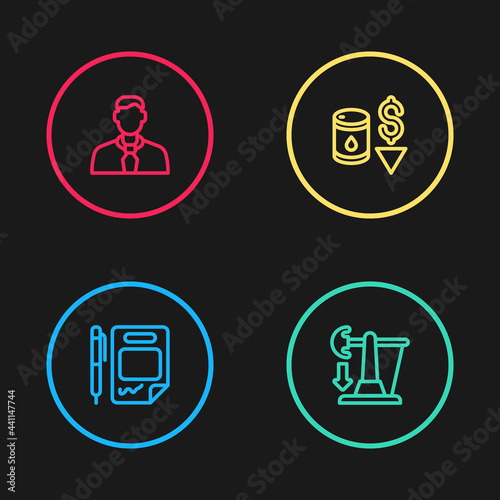 Set line Contract money and pen, Drop in crude oil price, and Worker icon. Vector