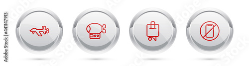 Set line UAV Drone, Airship, Suitcase and No cell phone. Silver circle button. Vector