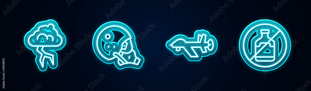 Obraz premium Set line Storm, Modern pilot helmet, UAV Drone and No alcohol. Glowing neon icon. Vector