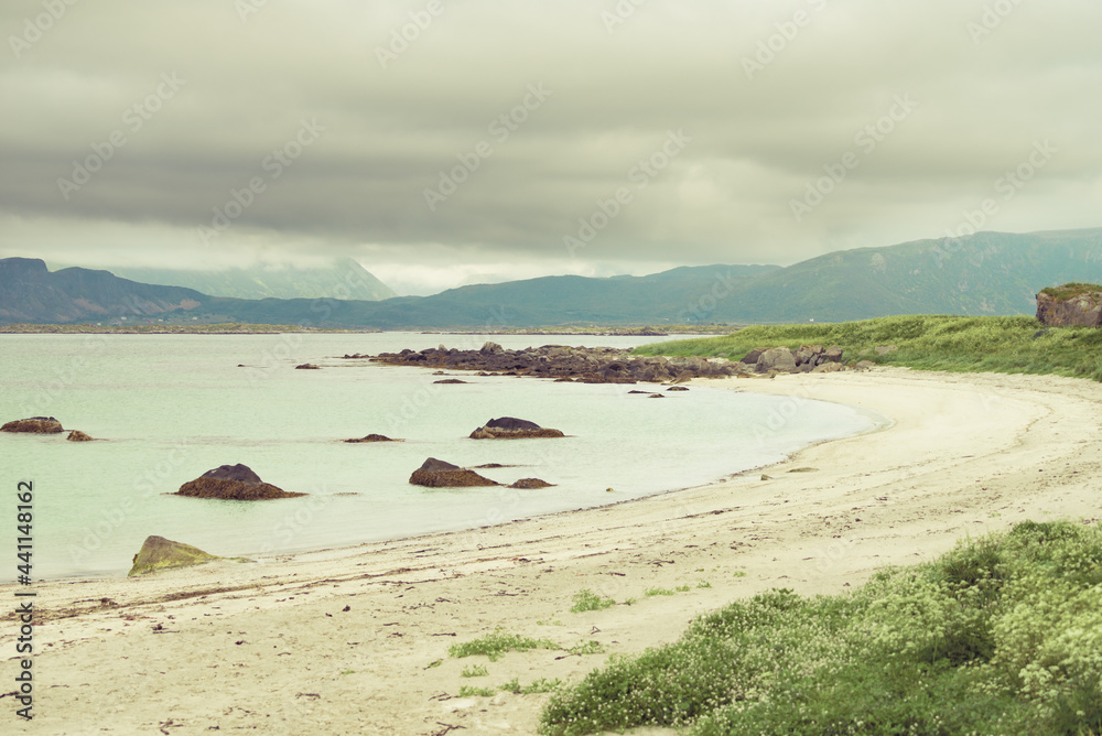 Seascape with sandy beach Lofoten Norway Seascape with sandy beach Lofoten Norway