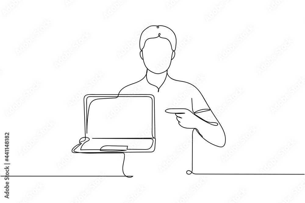 Continuous one line of businessman with laptop in silhouette on a white background. Linear stylized.Minimalist. Continuous one line of businessman with laptop in silhouette on a white background. Linear stylized.Minimalist.