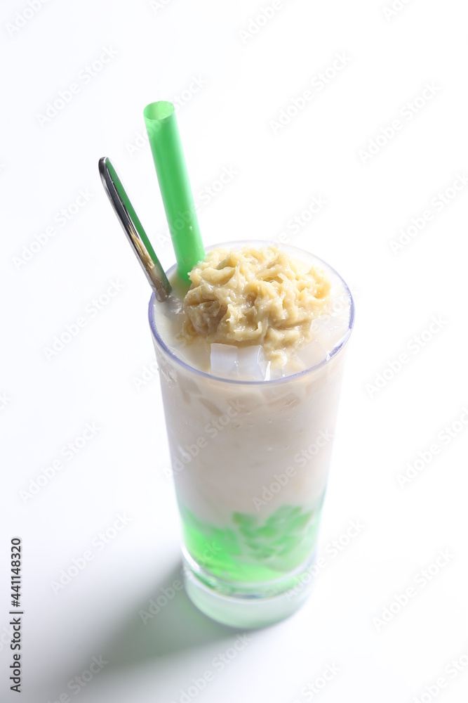 ice cendol coconut milk drink with pandan coconut jelly and fresh durian meat fruit beverage menu ice cendol coconut milk drink with pandan coconut jelly and fresh durian meat fruit beverage menu