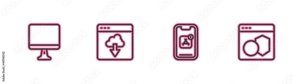 Set line Computer monitor screen, Mobile Apps, Cloud technology data transfer and Software icon. Vector Set line Computer monitor screen, Mobile Apps, Cloud technology data transfer and Software icon. Vector