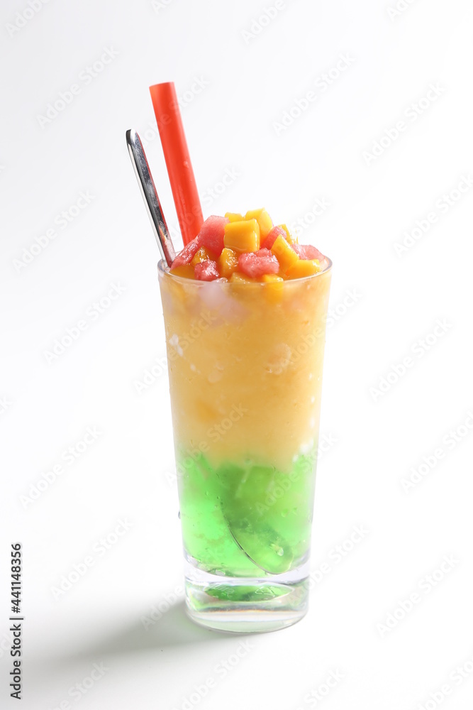 chilled mango and watermelon fruit ice blended drink with green pandan jelly in glass cafe sweet beverage menu chilled mango and watermelon fruit ice blended drink with green pandan jelly in glass cafe sweet beverage menu