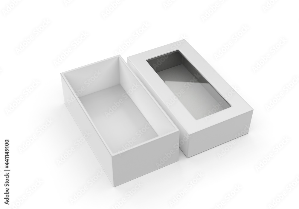White blank rectangular hard window box for branding mock up template, 3d illustration.