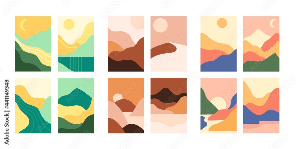 Abstract landscape. Vector set of minimalist abstract background with mountains, rivers, deserts, forest, sun. Wave pattern. Contemporary collages. Mountain template. Vertical banners for web, blog.
