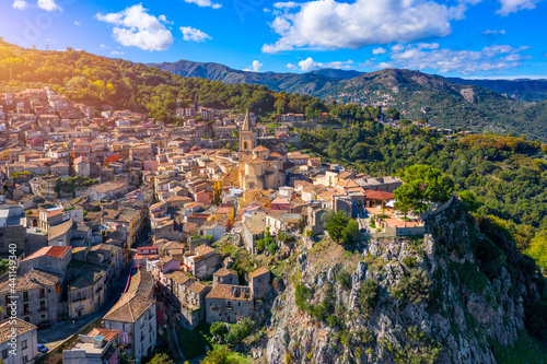 Amazing cityscape of Novara di Sicilia town. Aerial view of Novara di Sicilia, Sicily, Italy, Europe. Mountain village Novara di Sicilia, Sicily, Italy.