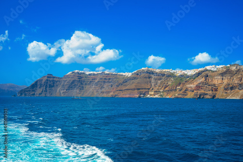 Greece Santorini island in cyclades, Panoramic view of Santorini island in Cyclades from caldera sea at summer