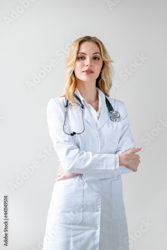 Portrait of happy, successful young female healthcare professional with stethoscope. Good trusting appearance. Medical device.