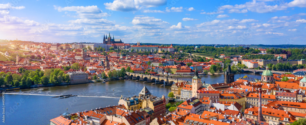 Prague scenic spring aerial view of the Prague Old Town pier architecture Charles Bridge over Vltava river in Prague, Czechia. Old Town of Prague with the Castle in the background, Czech Republic. Prague scenic spring aerial view of the Prague Old Town pier architecture Charles Bridge over Vltava river in Prague, Czechia. Old Town of Prague with the Castle in the background, Czech Republic.