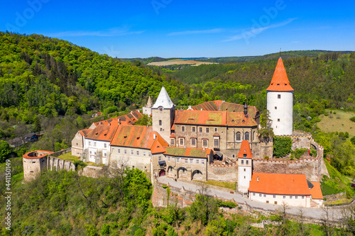 Aerial view of castle Krivoklat in Czech republic, Europe. Famous Czech medieval castle of Krivoklat, central Czech Republic. Krivoklat castle, medieval royal castle in Central Bohemia, Czechia.