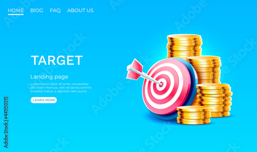 Target landing page, stack coins, banner business 3d icon. Vector