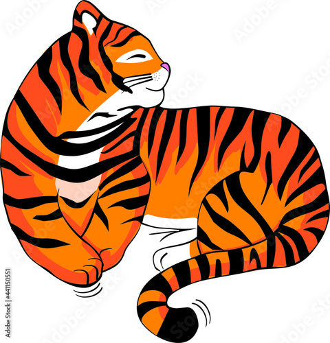 Tiger lying on its side, wild animal illustration, big tabby cat, sticker for children, cartoon predator, drawn tiger cub, closed eyes, animal from the zoo, cute baby picture, safari fauna