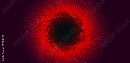 Red swirling background from small glowing particles. Infinite round twisted tunnel of shining flares. Sci Fi background.