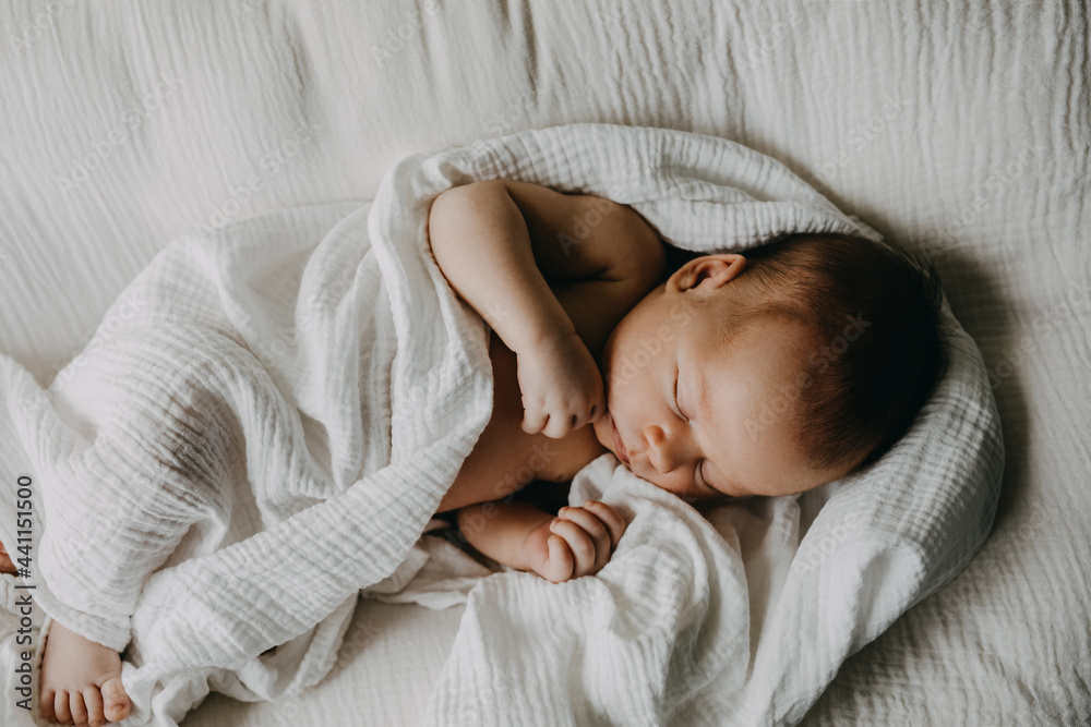 Newborn baby sleeping in a baby nest, covered with white muslin blanket. Newborn baby sleeping in a baby nest, covered with white muslin blanket.