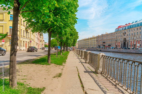 Beautiful view of the summer street from the embankment in the center of Saint Petersburg