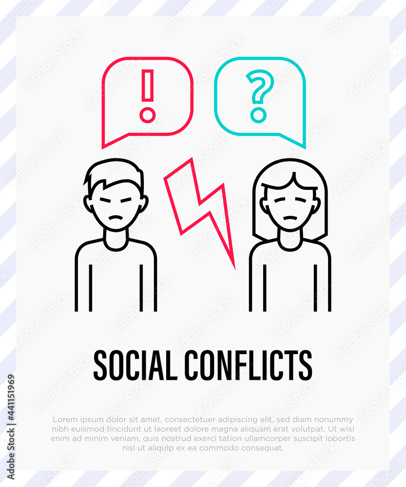 Social conflict thin line icon. Aggressive behavior, abuse, violence in relationship. Conflict between man and woman. Vector illustration. Social conflict thin line icon. Aggressive behavior, abuse, violence in relationship. Conflict between man and woman. Vector illustration.