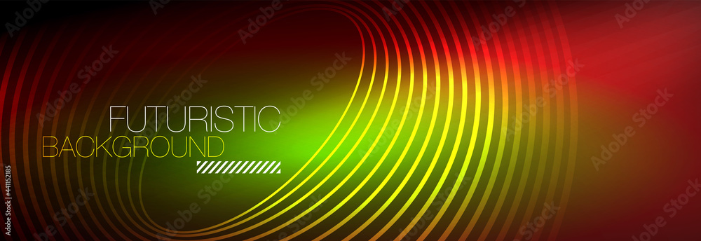 Dark abstract background with glowing neon circles. Trendy layout template for business or technology presentation, internet poster or web brochure cover, wallpaper Dark abstract background with glowing neon circles. Trendy layout template for business or technology presentation, internet poster or web brochure cover, wallpaper