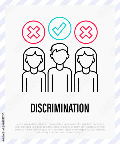 Sex discrimination thin line icon. Two women are rejected and man is approved. Social problem of gender inequality. Vector illustration.