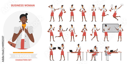 African american black business woman working poses infographic vector illustration set. Cartoon flat busy female character business work with laptop study different postures, standingrunning isolated