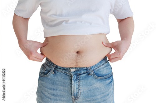 A man in jeans is pulling his belly fat. photo