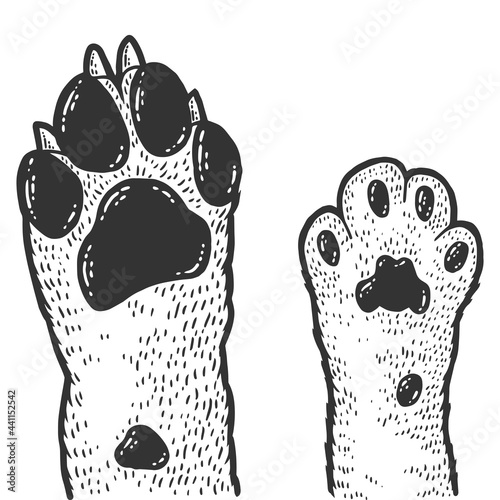 Paws of cat and dog. Sketch scratch board imitation coloring.