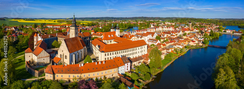 Fototapeta Naklejka Na Ścianę i Meble -  Aerial landscape of small Czech town of Telc with famous Main Square (UNESCO World Heritage Site). Aerial panorama of old town Telc, Southern Moravia, Czechia. Historic centre of Telc, Czech Republic.