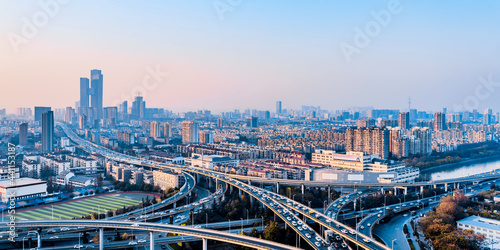 Scenery of Sai Hong Bridge and city skyline in Nanjing  Jiangsu  China 