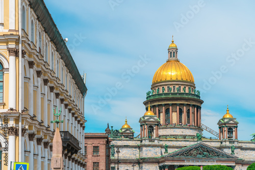 Beautiful street panorama and amazing view of St. Isaac's Cathedral in summer