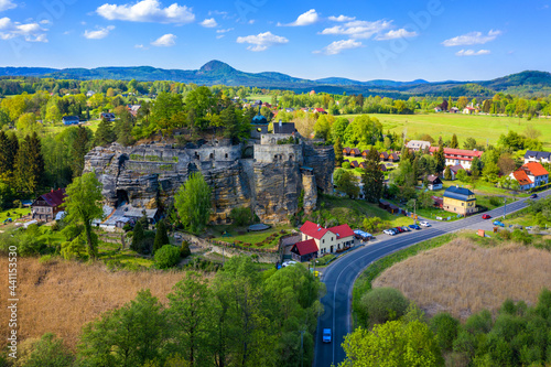 Aerial view of Sloup Castle in Northern Bohemia, Czechia. Sloup rock castle in the small town of Sloup v Cechach, in the Liberec Region, north Bohemia, Czech Republic. photo