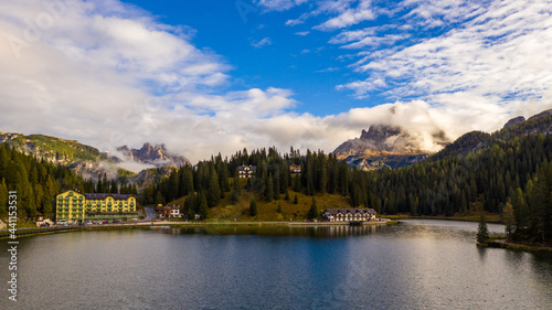 Tre Cime di Lavaredo peaks seen from Misurina lake in Dolomites, Italy in winter, Belluno-Trentino Alto Adige border. Misurina lake, Tre Cime di Lavaredo, Auronzo, Dolomiti, South Tyrol, Italy.