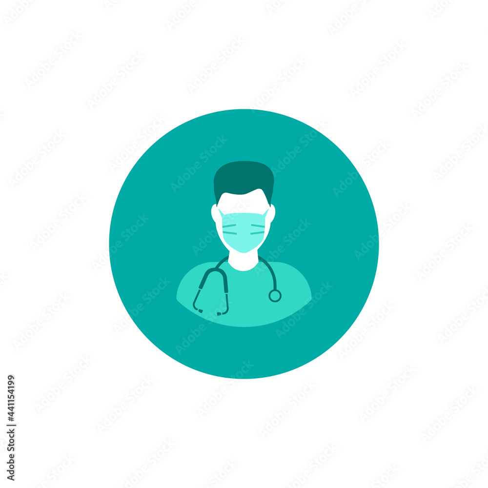 Male doctor vector icon. The doctor's avatar. Male doctor in a protective mask with a stethoscope. A design element for a poster, banner, brochure, or web page of a dental clinic