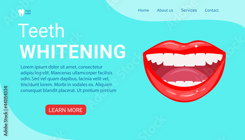 Teeth whitening. A smiling mouth with healthy, white, shiny teeth. Design template for the landing page of the dental clinic website. Cosmetic dentistry. Vector illustration on a blue background