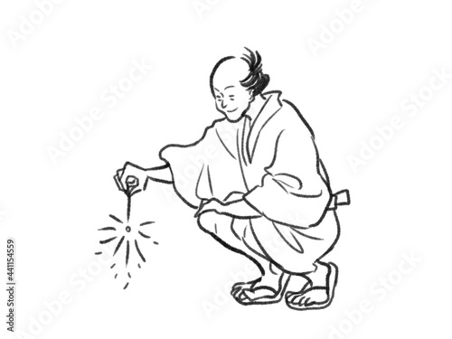 Fototapeta Naklejka Na Ścianę i Meble -  日本画タッチの線香花火を持った人物イラストJapanese painting illustration The person with　sparklers 